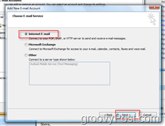 Opprett ny e-postkonto i Outlook 2007:: Internett-e-post radioknapp