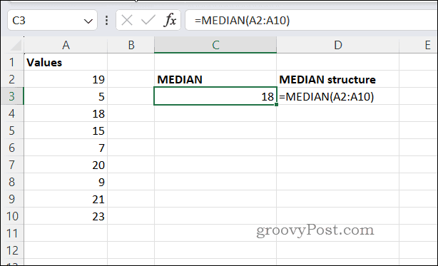 Eksempel MEDIAN-resultat i Excel