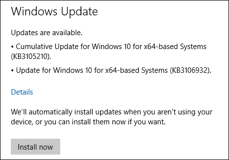 Windows 10 oppdaterer KB3105210 KB3106932