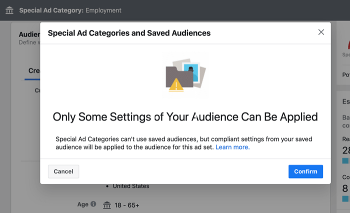popup-melding om bruk av lagrede målgrupper i annonsekampanjer for spesiell annonsekategori
