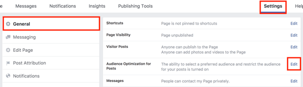 I innstillingene dine på Facebook-siden klikker du på Rediger-knappen til høyre for alternativet Publikumsoptimalisering for innlegg.