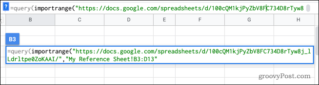 utvalg av importområde i Google Sheets