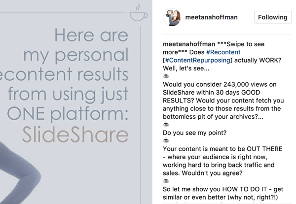 I bildeteksten til Instagram-albumet ditt, inkluder en uttalelse for å sveipe for å se mer slik at publikum ikke går glipp av det.