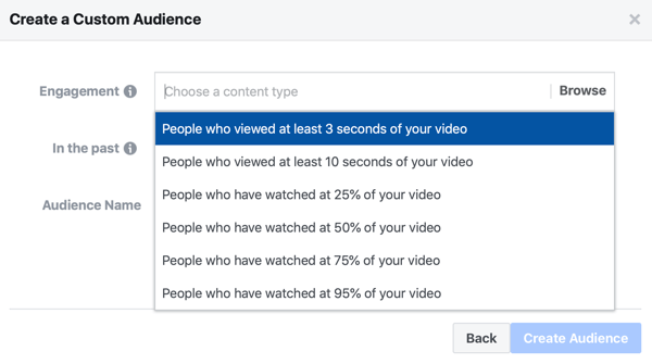 Mulighet for å lage en Facebook-annonse tilpasset publikum av folk som så på en del av videoen din.