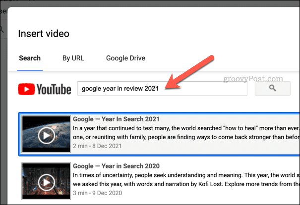 Søker etter en video i Google Sheets