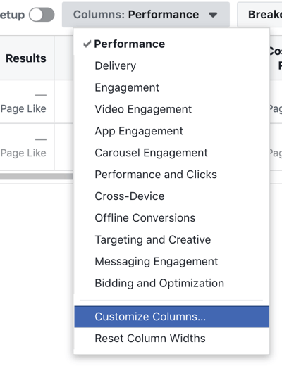 Facebook Ads Manager Tilpass kolonner-alternativet