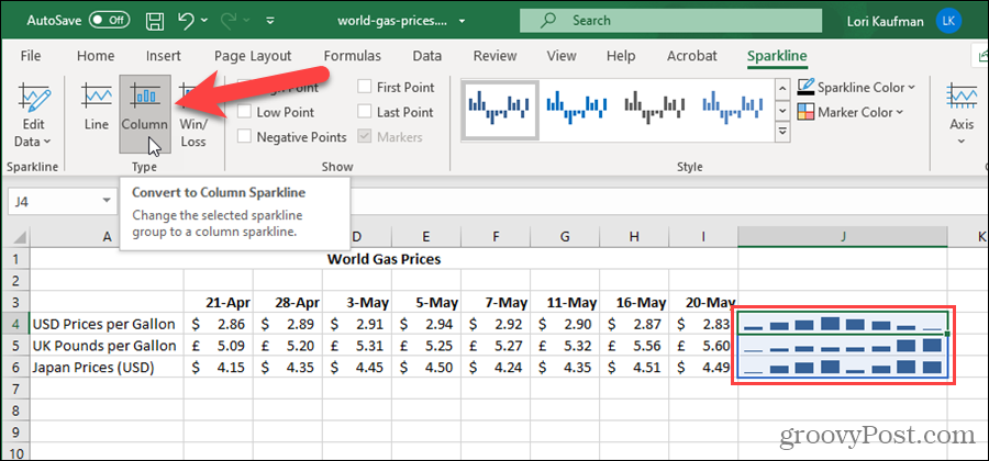 Endre Sparkline Type i Excel