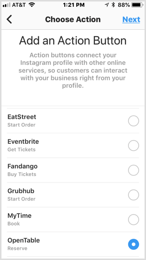 Instagram Legg til en Action Button-skjerm for tredjeparts tjenester