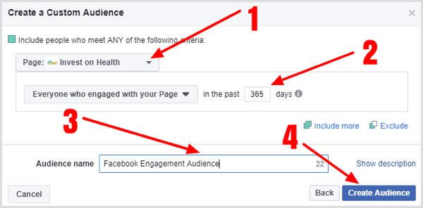 Fyll ut detaljene for å lage ditt tilpassede publikum på Facebook-siden.