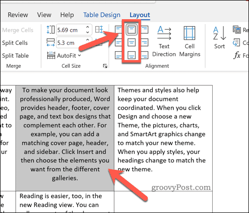 Angi sentrert tekstjustering for tekst i en Word-tabell