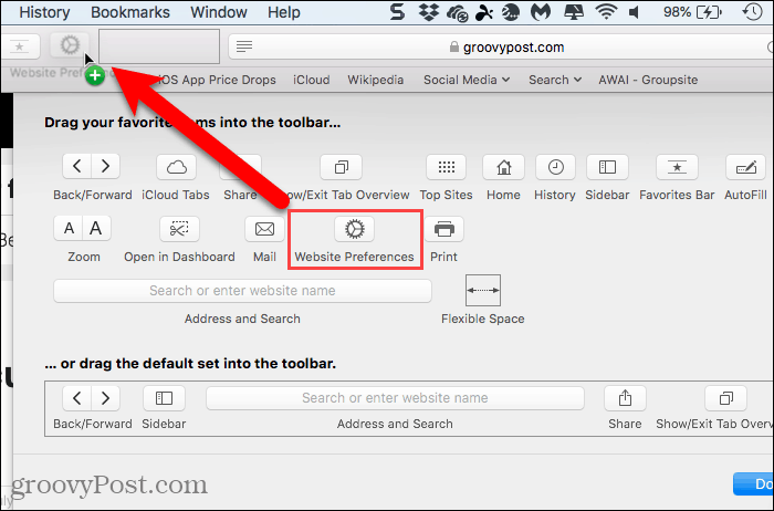 Legg til nettstedinnstillinger-knappen til verktøylinjen i Safari for Mac
