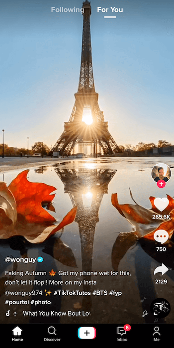 skjermbilde av tiktok innlegg av @ wonguy974 med tittelen falsk høst, som viser Eiffeltårnet i silhuett og solen går ned bak den med refleksjon i en sølepytt innrammet av to fallblader på bunnen av bilde