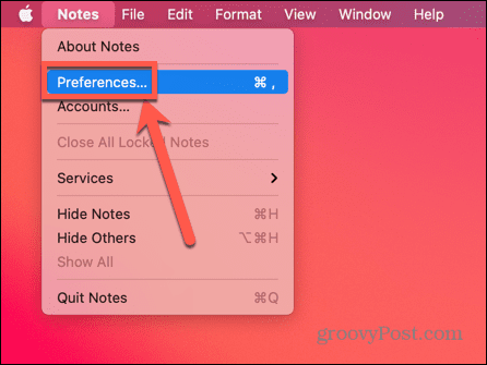 velg Innstillinger i Notes på Mac
