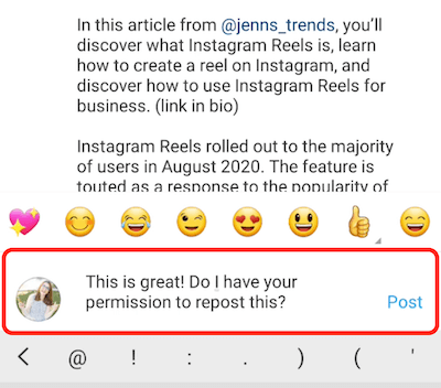 instagram post eksempel kommentarsvar kompliment og ber om tillatelse til å legge ut innholdet på nytt