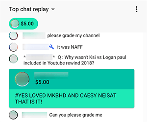 Dette er et skjermbilde av en Super Chat fra Nimmin Live, et YouTube-liveshow arrangert av Nick Nimmin og hans bror Dee Nimmin. Seeren ga $ 5,00 og kommenterte "#Yes Loved MKBHD and Caesy Neisat that is it!"