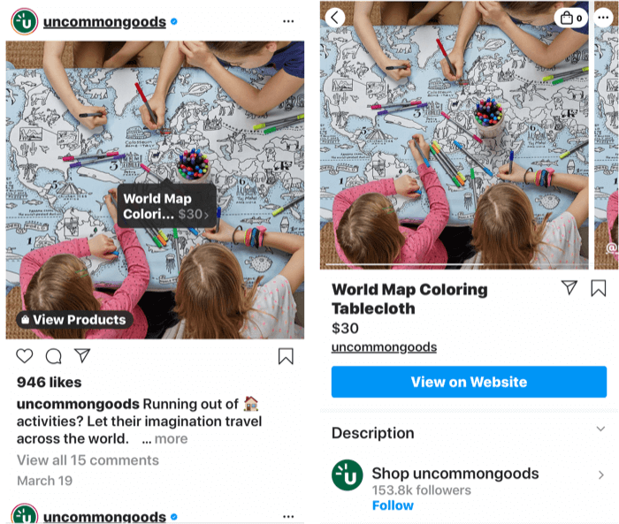 skjermbilder som viser en instagram-tag som er lagt til et produktinnlegg som kan kjøpes, samt produktets butikkside når et innlegg er valgt