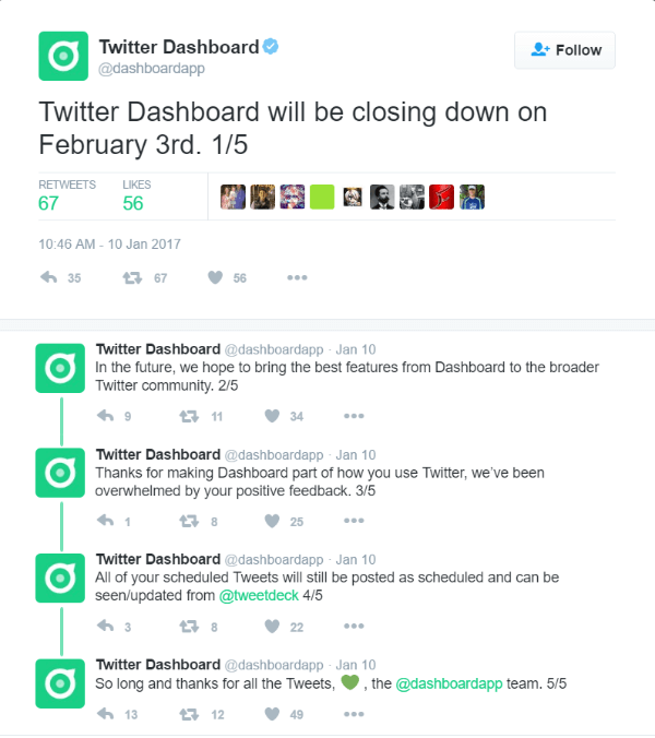 Twitter stenger Twitter Dashboard 3. februar 2017.