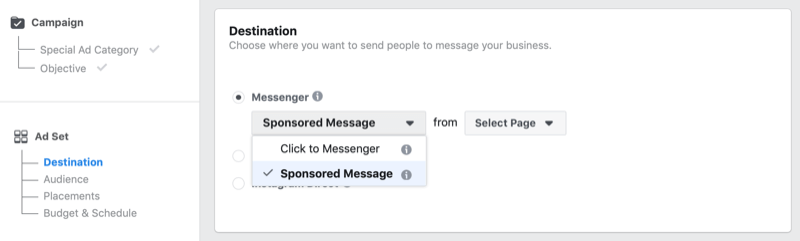 Facebook-sponset meldingsalternativ i Facebook Ads Manager