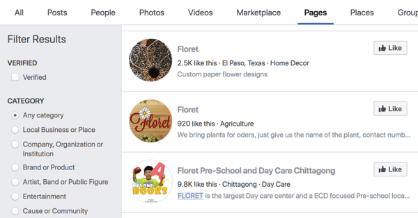 Facebook-sider søkeresultater for Floret.