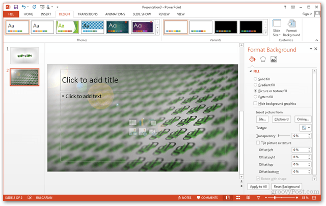 Office 2013 mal Opprett Lag tilpasset design POTX Tilpass lysbildefrembilder Opplæring Hvordan tilpasse bakgrunn