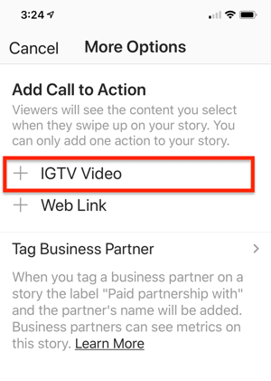 Mulighet for å velge en IGTV-videolink for å legge til i Instagram-historien din.