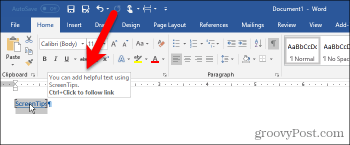Tilpasset skjermtips på tekst i Word