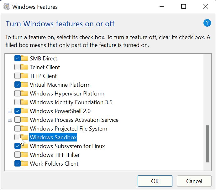 Fjern merket for Windows Sandbox