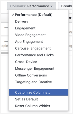 facebook ads manager tilpasse kolonner