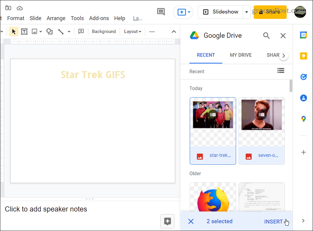 velg GIFS å bruke fra Google Disk