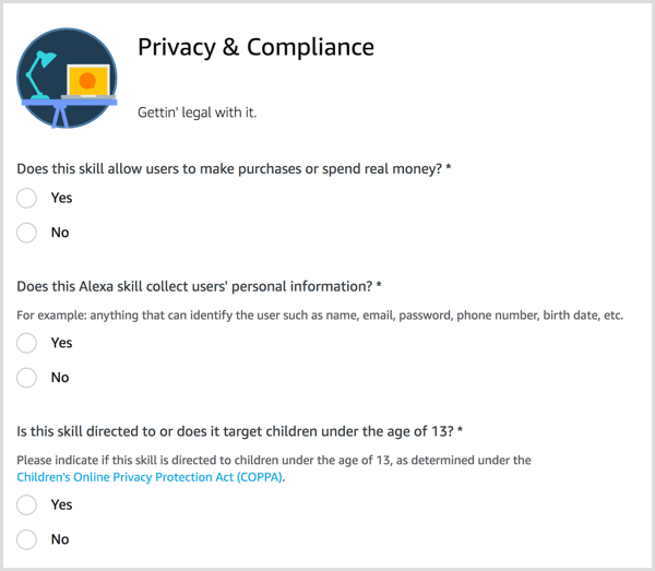 Svar på spørsmål om personvern og samsvar for din Alexa-ferdighet.