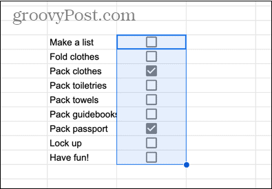 google Sheets valgte celler