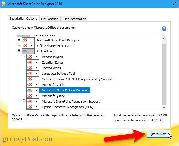 Klikk på Installer nå for å installere Microsoft Office Picture Manager fra Sharepoint Designer 2010