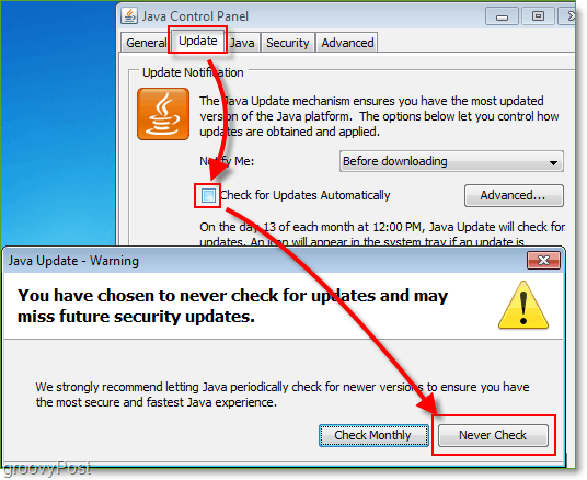 Skjermbilde: Windows 7 Deaktiver Java Update Checks