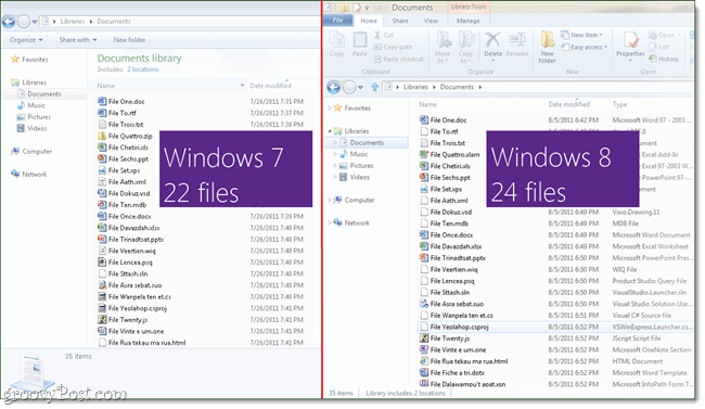 Windows 8 explorer sammenlignet med Windows 7 explorer