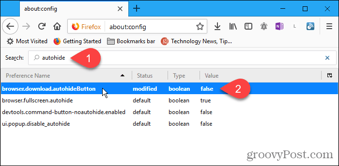 Dobbeltklikk autohideButton konfigurasjonsinnstilling i Firefox