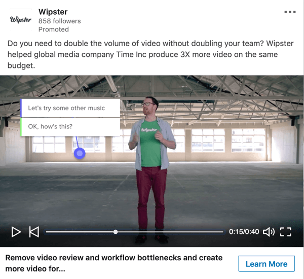 Hvordan lage LinkedIn objektivbaserte annonser, sponset videoannonseeksempel av Wipster