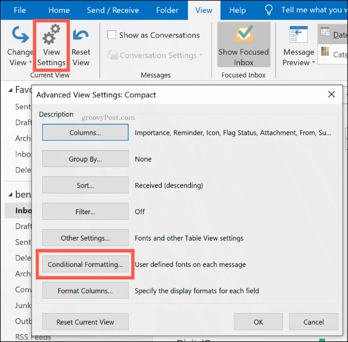 Valgknappen for betingelsesformatering i Microsoft Outlook