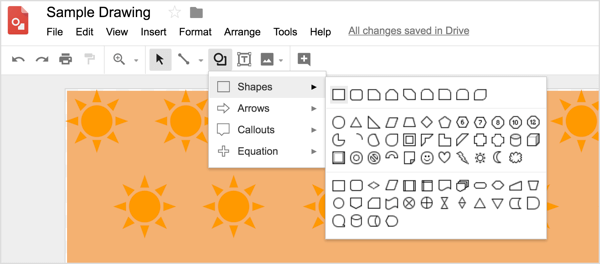 Velg et formverktøy og tegn deretter formen på Google Drawings-designet.