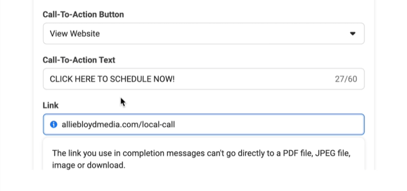facebook-leadannonser oppretter et nytt leadformalternativ for å angi en oppfordringsknapp, tekst og lenke med en eksempelknapp for visningsnettsted og tekst til "klikk her for å planlegge nå!"