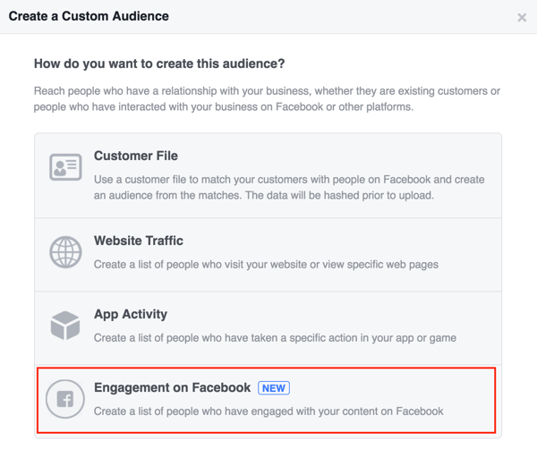 Velg Engagement på Facebook for å konfigurere ditt tilpassede publikum.