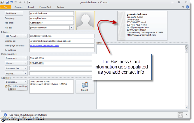 Opprett et vCard i Outlook 2010