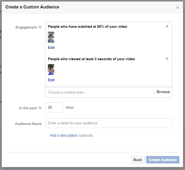 Lag et tilpasset publikum av folk som så på forskjellige videoer på Facebooks virksomhetsside.