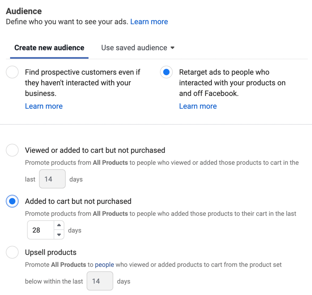 bilde av Retarget annonser til folk som har interagert med produktene dine på og utenfor Facebook-alternativet valgt i Ads Manager
