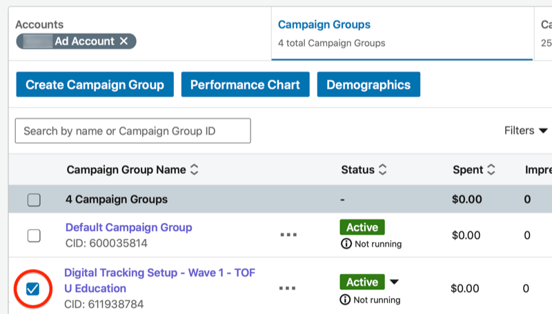 linkedin kampanjeadministrator dashbord med den nye kampanjegruppen uthevet