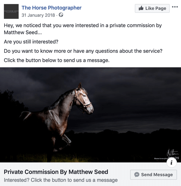 Hvordan konvertere besøkende på nettstedet med Facebook Messenger-annonser, trinn 3, innleggseksempel av The Horse Photographer