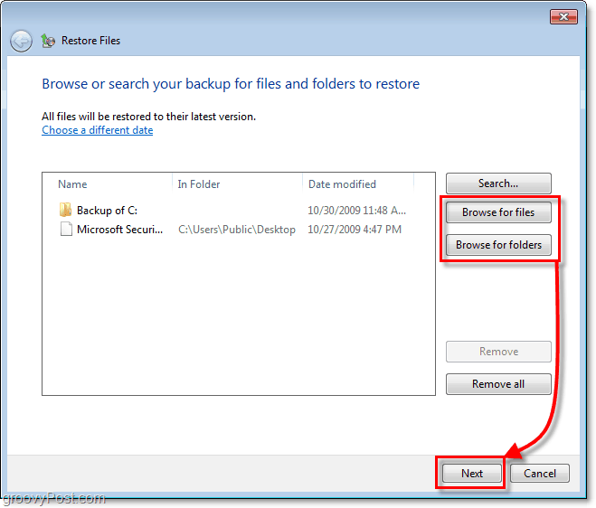 Windows 7-sikkerhetskopi - velg hvilke filer eller mapper du vil gjenopprette