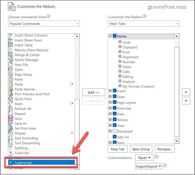 excel subscript kommando