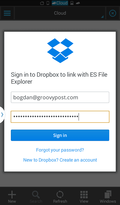 ES File Explorer pålogging Dropbox