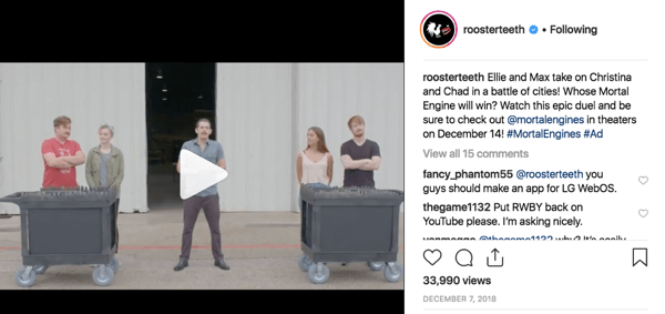 Eksempel på Rooster Teeth superfan-engasjement på Instagram.