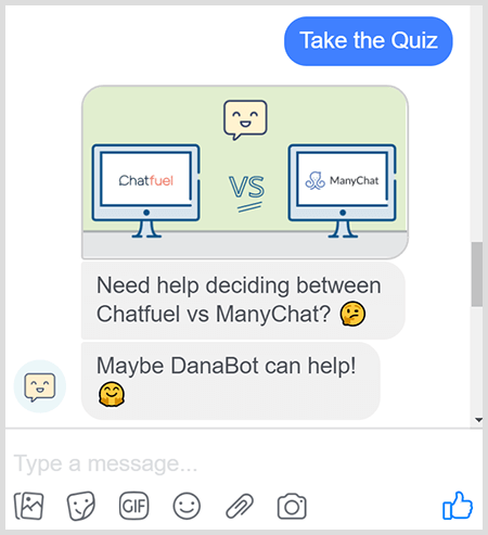 DanaBot tilbyr en quiz for å hjelpe brukerne med å velge riktig produkt.